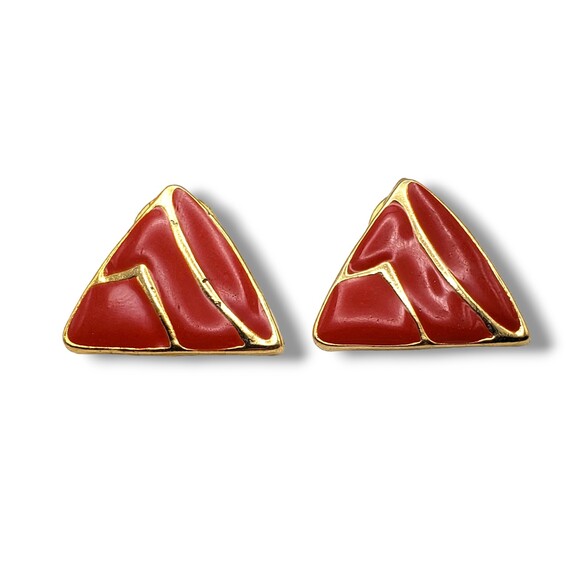 Vintage Gold Tone Triangle Red Enamel Post Pierced Earrings Geometric Retro - Picture 7 of 8